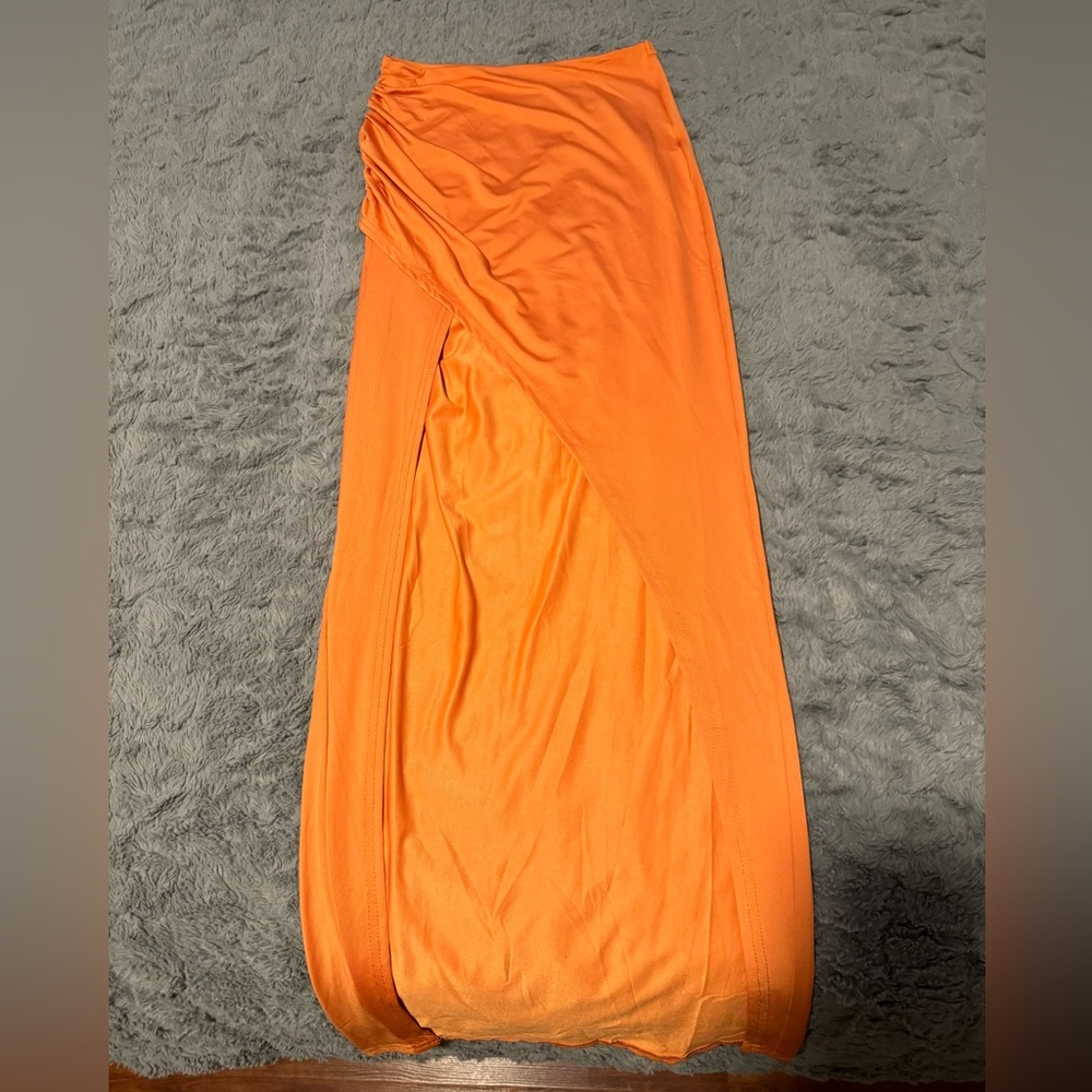 Ruched Slit Long Orange Skirt
